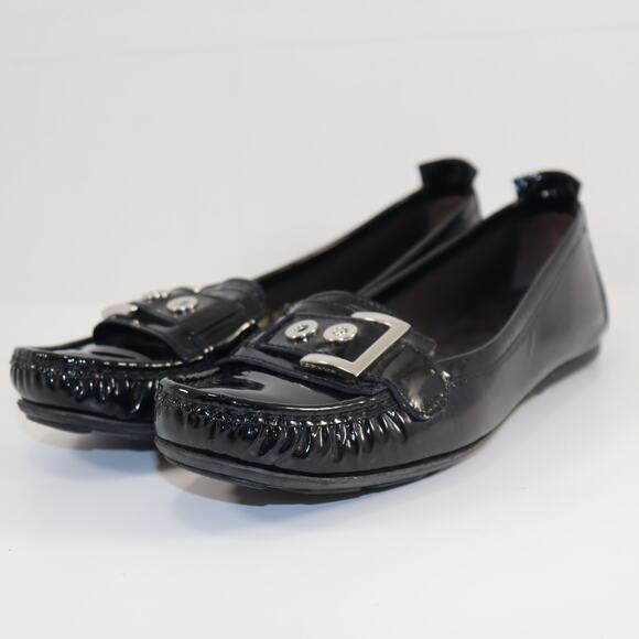 Stuart Weitzman Black Patent Moc Toe Flats | Size 9N | Buckle Detail - Picture 2 of 6